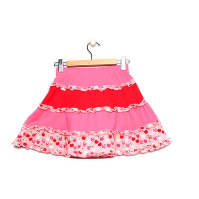 Pink, Red & Cherry Print Layered Girls Skirt