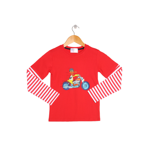 Red and White 'Duck on Bike' Striped Long Sleeve Boys Top
